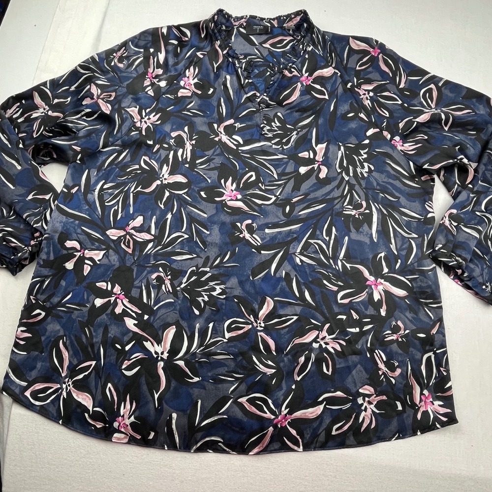 Tahari Woman Navy Blue Floral Ruffle Neck Blouse Plus Size 1X Long Sleeve Top